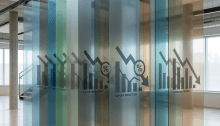Translucent colored glass panels with downward trending export and volume reduction graphs