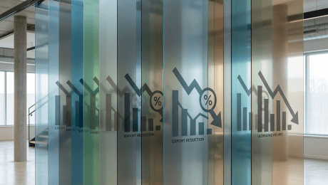 Translucent colored glass panels with downward trending export and volume reduction graphs
